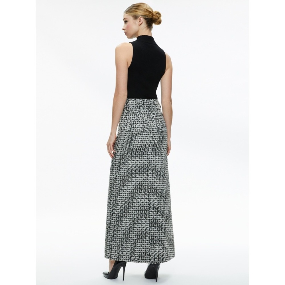 Alice + Olivia Rye Tweed Maxi Skirt 0 Black White High Slit Luxury Dark Academia - Picture 2 of 14